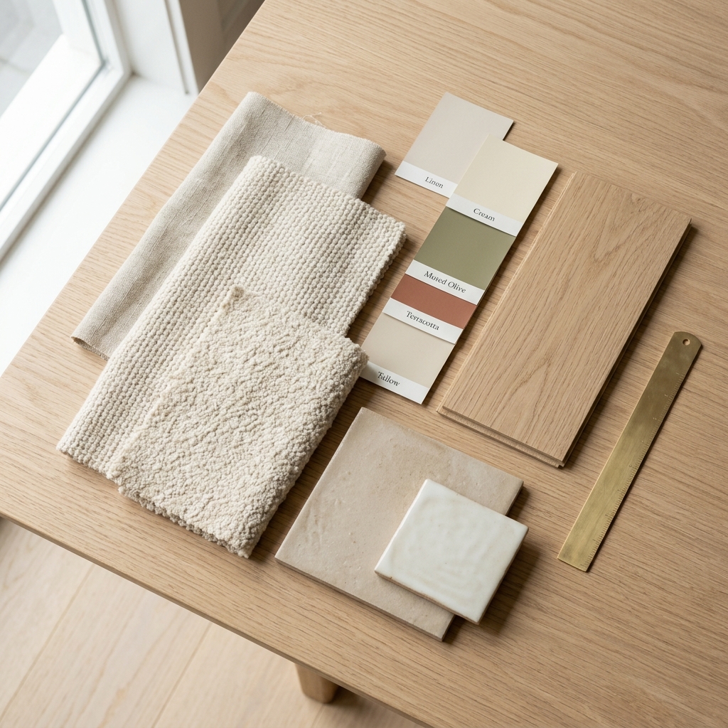Premium flatlay of interior design materials on white oak table including textured linen swatches, terracotta and olive paint chips, oak samples, and a brass ruler