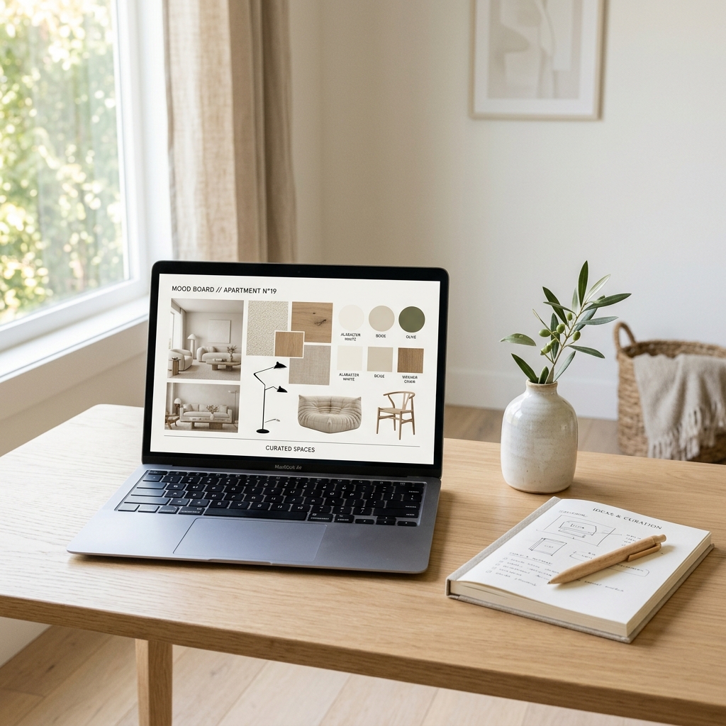 Laptop on styled oak desk showing virtual interior design moodboard